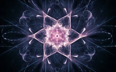 Siyah arka planda farklı renklerde çeşitli geometrik şekillerden oluşan taç yaprakları olan soyut, fantastik bir çiçek..