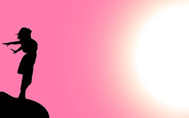 Uzun saçlı, güzel bir kızın silüetinin vektör çizimi. Uçurumun kenarında kolları açık ve yüzünü kaldırmış bir şekilde duruyor..