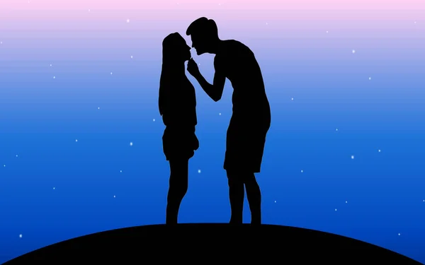 胸の男の黒いシルエットのベクトルイラスト 腰には屈しない グラデーションの星空を背景に顎の前に女の子が立っている — ストックベクタ