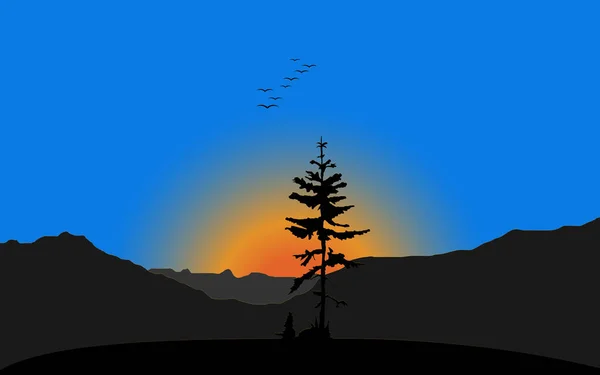 Vector Illustration Landscape Black Silhouette Lonely Pine Tree Background Mountain Vector Graphics