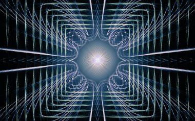 Siyah arka planda farklı renklerde çeşitli geometrik şekillerden oluşan taç yaprakları olan soyut, fantastik bir çiçek..