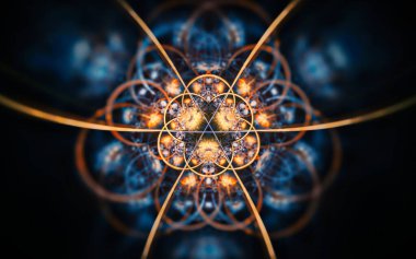 Siyah arka planda farklı renklerde çeşitli geometrik şekillerden oluşan taç yaprakları olan soyut, fantastik bir çiçek..