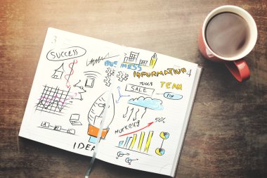 defter, kalem ve çay tablo