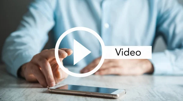 Man Touching Video Sign Phone Screen — Stock Photo, Image