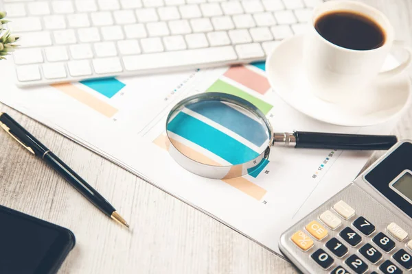 Magnifier Graph Working Desk — Stock Photo, Image