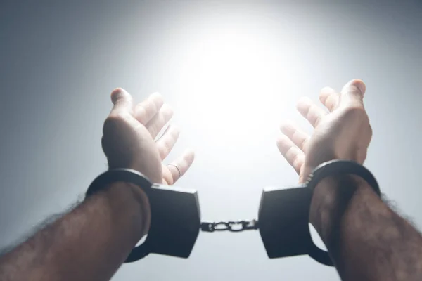 Man Handcuffs Light Palm — Stock Photo, Image