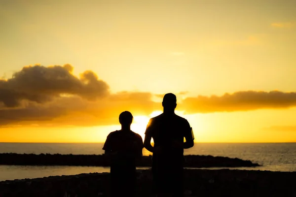 Back View Couple Silhouette Watching Sunset Beach — Stock Photo, Image