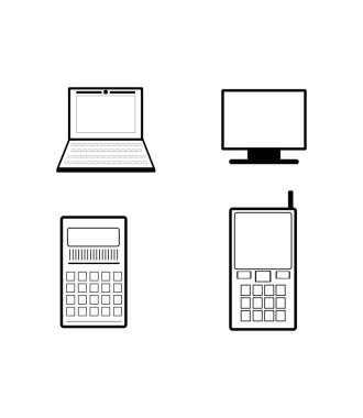 dört elektronik aygıt, televizyon, dizüstü bilgisayar, telefon, hesap makinesi