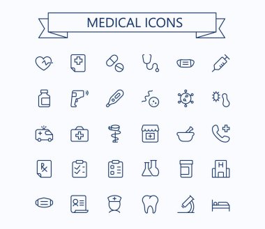 Medical line mini icons set. 24x24 px. Pixel Perfect. Healthcare and medicine signs. Editable stroke. clipart