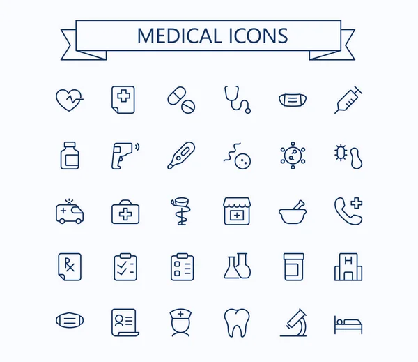 Medical Line Mini Icons Set 24X24 Pixel Perfect Healthcare Medicine — Stock Vector