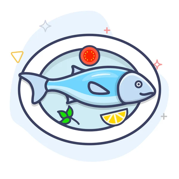 Fresh Fish Plate Outline Illustration Seafood Dish Vector Line Symbol — Stock Vector