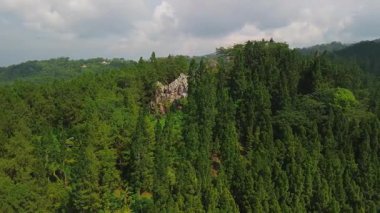 Karang Gemantung Taş Parkı 'nın hava aracı görüntüsü, Banjarnegara, Merkez Java, Endonezya. Tepelerin ortasındaki mercan kayaları, yemyeşil orman ve ağaçlarla çevrili..