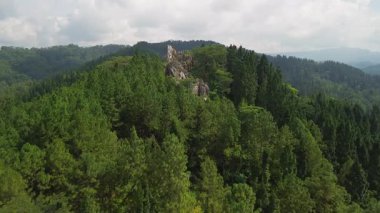 Karang Gemantung Taş Parkı 'nın hava aracı görüntüsü, Banjarnegara, Merkez Java, Endonezya. Tepelerin ortasındaki mercan kayaları, yemyeşil orman ve ağaçlarla çevrili..