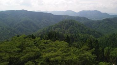 Karang Gemantung Taş Parkı 'nın hava aracı görüntüsü, Banjarnegara, Merkez Java, Endonezya. Tepelerin ortasındaki mercan kayaları, yemyeşil orman ve ağaçlarla çevrili..