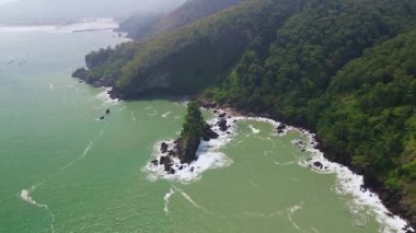 Karang Agung Sahili, Kebumen, Central Java, Endonezya 'nın insansız hava aracı görüntüsü. Kıyı şeridi yoğun ağaçlarla ve okyanustan gelen dalgalarla çevrili mercan kayalarıyla çevrilidir..