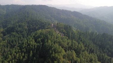 Karang Gemantung Taş Parkı 'nın hava aracı görüntüsü, Banjarnegara, Merkez Java, Endonezya. Tepelerin ortasındaki mercan kayaları, yemyeşil orman ve ağaçlarla çevrili..