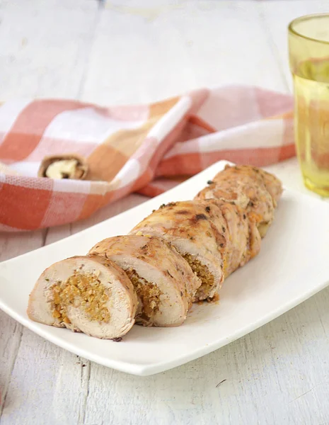 Chicken roll stuffed with pumpkin and nuts — Stock Photo, Image