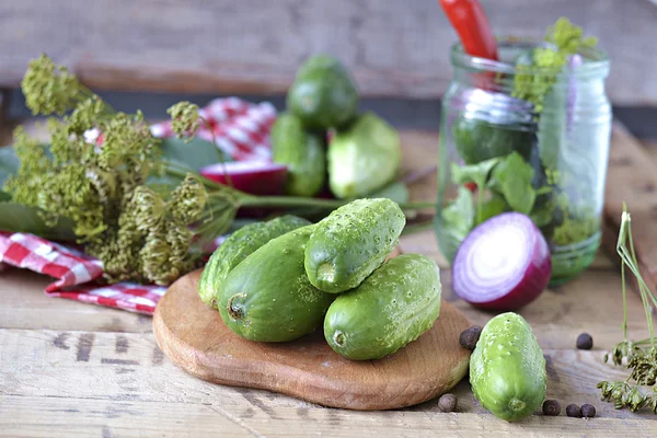 Set für zu Hause Einmachgurken auf einem Hintergrund aus Zwiebeln, Dill, P — Stockfoto