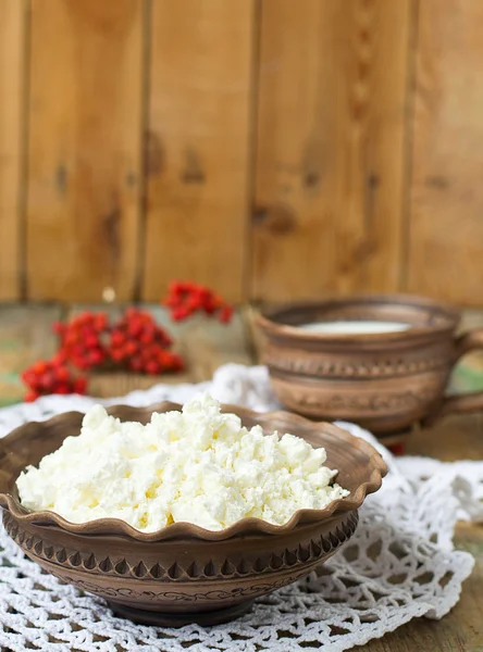 Quark und Milch in einem Tontopf — Stockfoto