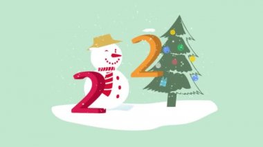 Yeni yıl ve Noel geçmişi. Kusursuz döngü video animasyonu. Noel ağacı ve kar taneleri düşen Mutlu Noeller mektuplarının şirin animasyonu. Mutlu noeller ve yılbaşı hediyeleri