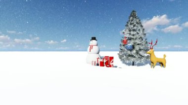 Yeni yıl ve Noel geçmişi. Kusursuz döngü video animasyonu. Noel ağacı ve kar taneleri düşen Mutlu Noeller mektuplarının şirin animasyonu. Mutlu noeller ve yılbaşı hediyeleri