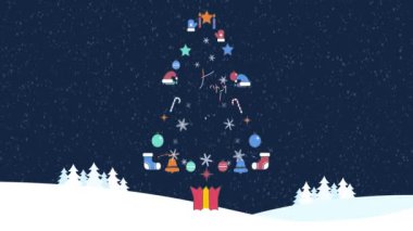 Mutlu Noeller ve Noel ağacı geçmişi. Kusursuz döngü video animasyonu. Noel ağacı ve kar tanelerinin düştüğü mutlu noel mektuplarının şirin bir animasyonu. Mutlu noel kutlamaları ve Noel hediyeleri.