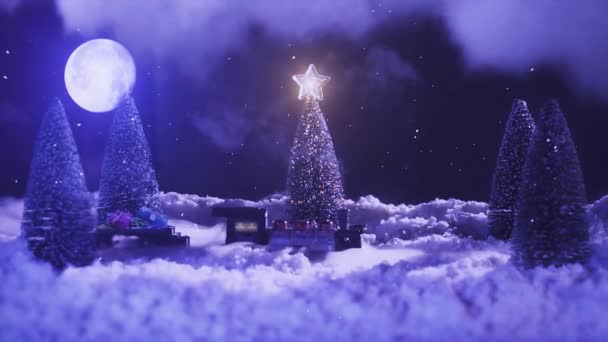 メリークリスマスとクリスマスの背景 シームレスなループビデオアニメーション クリスマスツリーと雪の結晶が落下してメリークリスマスのレタリングのかわいいアニメーション メリークリスマスプレゼント背景 — ストック動画