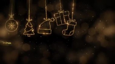 Düşen kar taneleri arka planı ve kopyalama alanı olan animasyon Noel ağacı, metin için boşluk. Altın renkli animasyon parçacıklarından yapılmış Noel ağacı. Noel havası. Parıltılı bir etki. Mutlu Noeller..