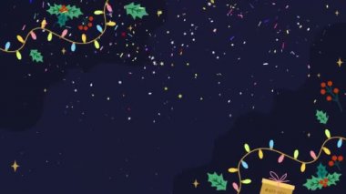 Düşen kar taneleri arka planı ve kopyalama alanı olan animasyon Noel ağacı, metin için boşluk. Altın renkli animasyon parçacıklarından yapılmış Noel ağacı. Noel havası. Parıltılı bir etki. Mutlu Noeller..