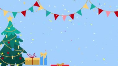 Düşen kar taneleri arka planı ve kopyalama alanı olan animasyon Noel ağacı, metin için boşluk. Altın renkli animasyon parçacıklarından yapılmış Noel ağacı. Noel havası. Parıltılı bir etki. Mutlu Noeller..