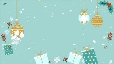 Düşen kar taneleri arka planı ve kopyalama alanı olan animasyon Noel ağacı, metin için boşluk. Altın renkli animasyon parçacıklarından yapılmış Noel ağacı. Noel havası. Parıltılı bir etki. Mutlu Noeller..