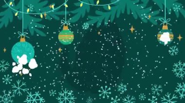 Düşen kar taneleri arka planı ve kopyalama alanı olan animasyon Noel ağacı, metin için boşluk. Altın renkli animasyon parçacıklarından yapılmış Noel ağacı. Noel havası. Parıltılı bir etki. Mutlu Noeller..