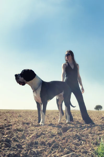 Giovane donna e grande cane — Foto Stock