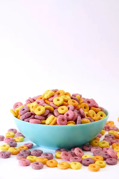 Vertical Shot Multicolored Fruity Cereals Blue Bowl Isolated White Background — Stock Photo, Image