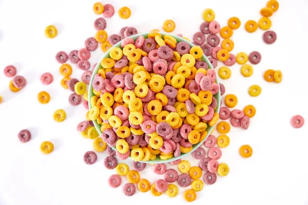 Top View Multicolored Fruity Cereals Bowl Isolated White Background — Stock Photo, Image