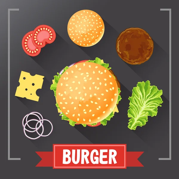 Hamburger malzemeler. Burger parçalar kara tahta üzerinde. Burger imzalı malzemelerle. Gıda burger ayarlayın. Orijinal burger tarifi. . Vektör burger. — Stok Vektör
