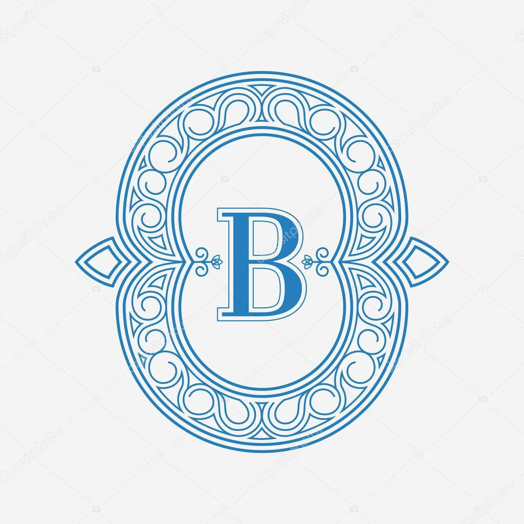 Vector text decoration. Line style frame. Art deco logo design. B Letter