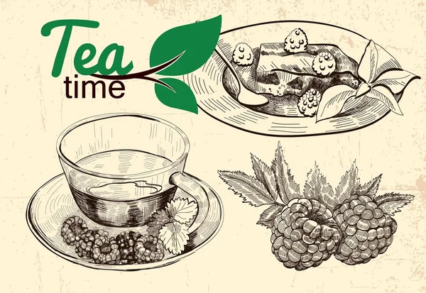 Illustration de thé et framboises — Image vectorielle
