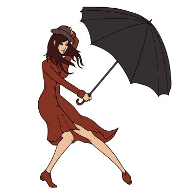 rüzgara karşı bir şemsiye tutan genç bir kadın. vektör çizim