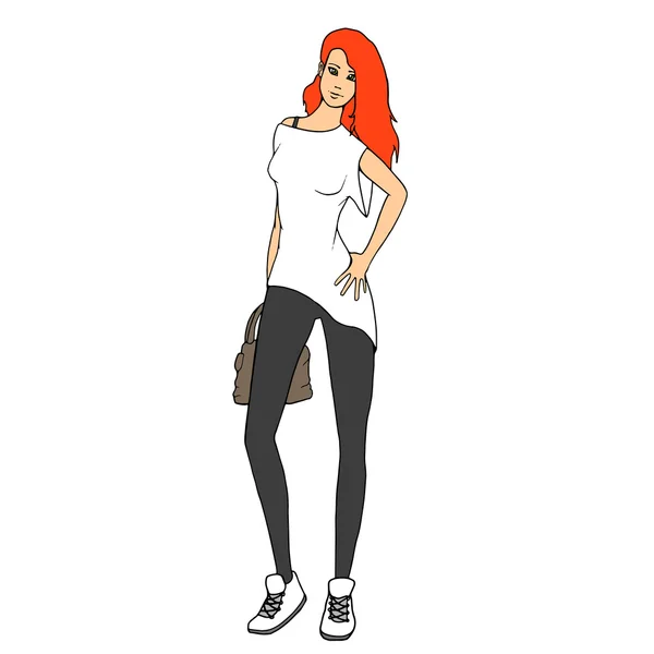 Kızıl saçlıya sokak stil moda kız. vektör çizim — Stok Vektör