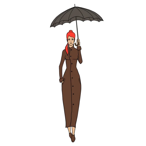 Рыжая женщина в пальто с зонтиком. Векторная иллюстрация Стоковая Иллюстрация