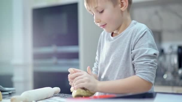 Child Stirring Dough His Hands Boy Cooking Kitchen Year Old — Stock Video