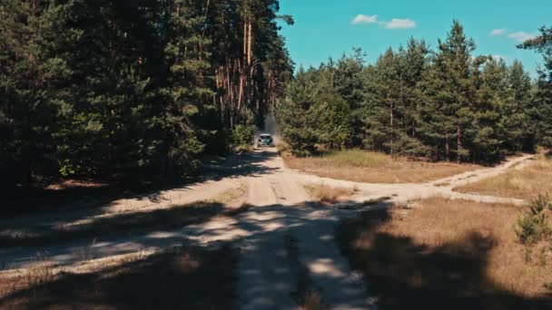 Widok Lotu Drona Który Ściga Rajdowy Samochód Jadący Przestrzeni Buggy — Wideo stockowe