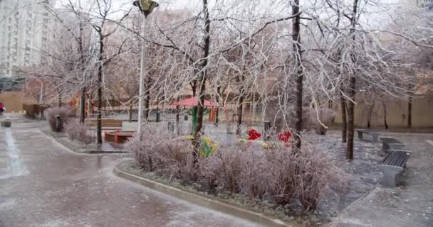 Ambiente Urbano Ghiacciato Nei Ghiaccioli Glassa Climatica Alberi Congelati Ghiaccio — Video Stock