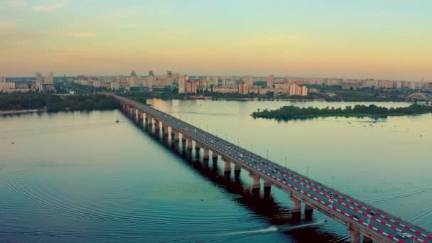 Aerial View Bridge Moving Cars Summer While Sunset Kiev Drone — Stock Video