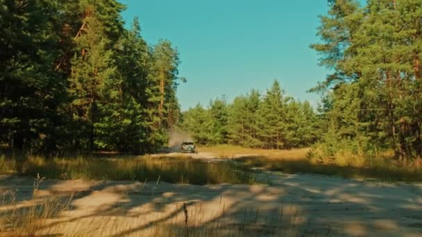 Klip Samochodu Wózkiem Jeździ Wiejskiej Drodze Buggy Jedzie Dużymi Chmurami — Wideo stockowe