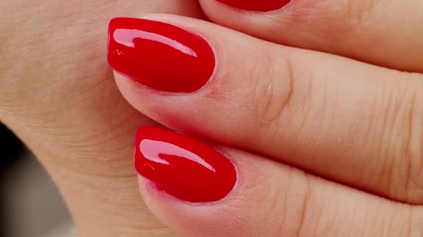 Vídeo Mãos Femininas Com Manicura Moda Cor Vermelha Mulher Mostra — Vídeo de Stock