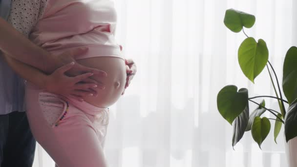 夫が妊娠中の女性の腹を愛撫している間に赤ちゃんを期待している人 窓の近くの光の部屋で抱きかかえながら 母の腹を期待する幸せな父親の手 スローモーション — ストック動画