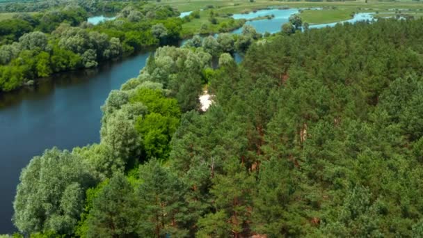 Luftaufnahme Über Einer Wunderschönen Frühlingslandschaft Mit Einem Fluss Mittag Luftaufnahme — Stockvideo
