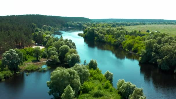 Vista Aérea Sobre Hermoso Paisaje Primaveral Con Río Mediodía Vista — Vídeos de Stock